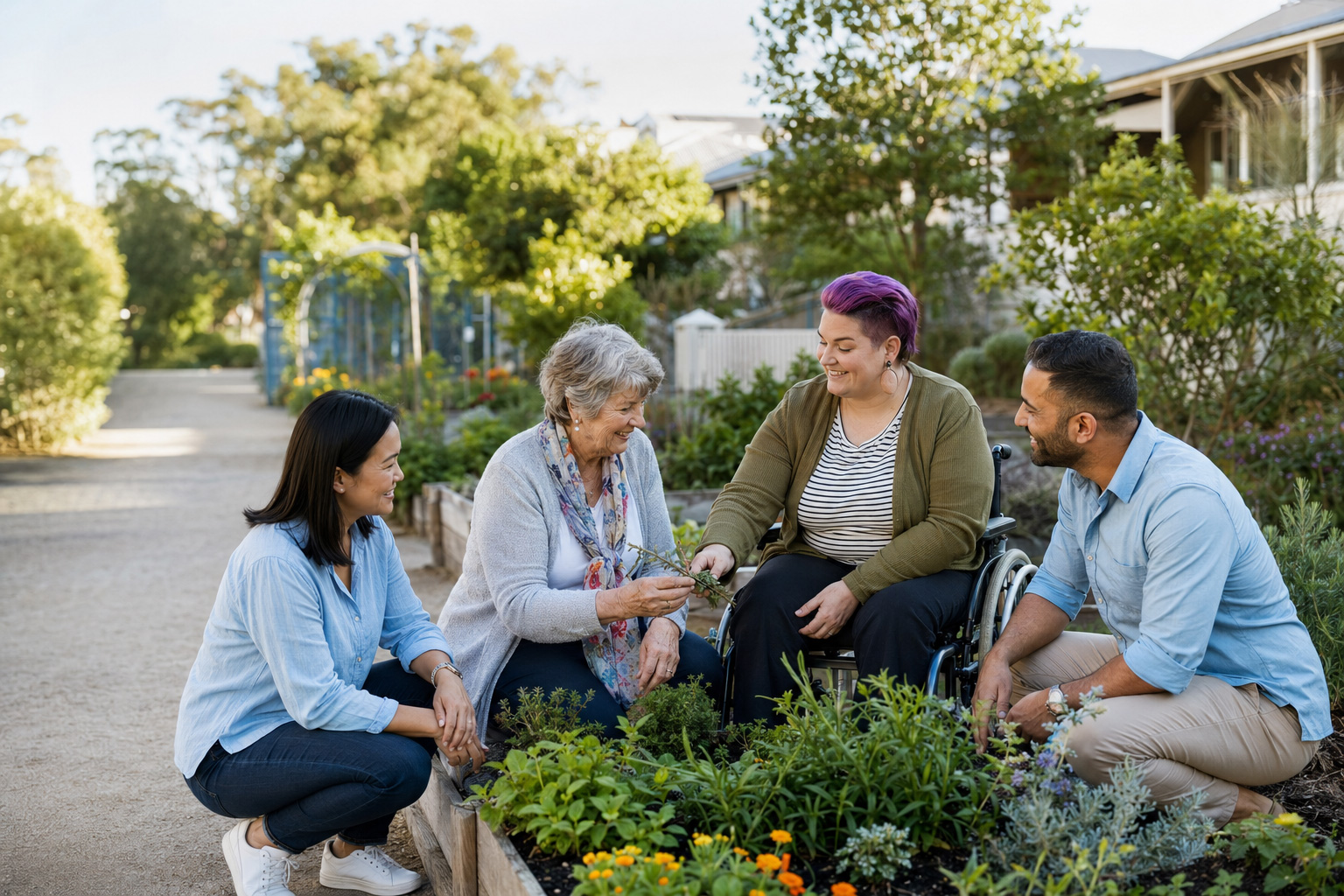 People enjoying supportive activities together in an accessible Melbourne community garden
