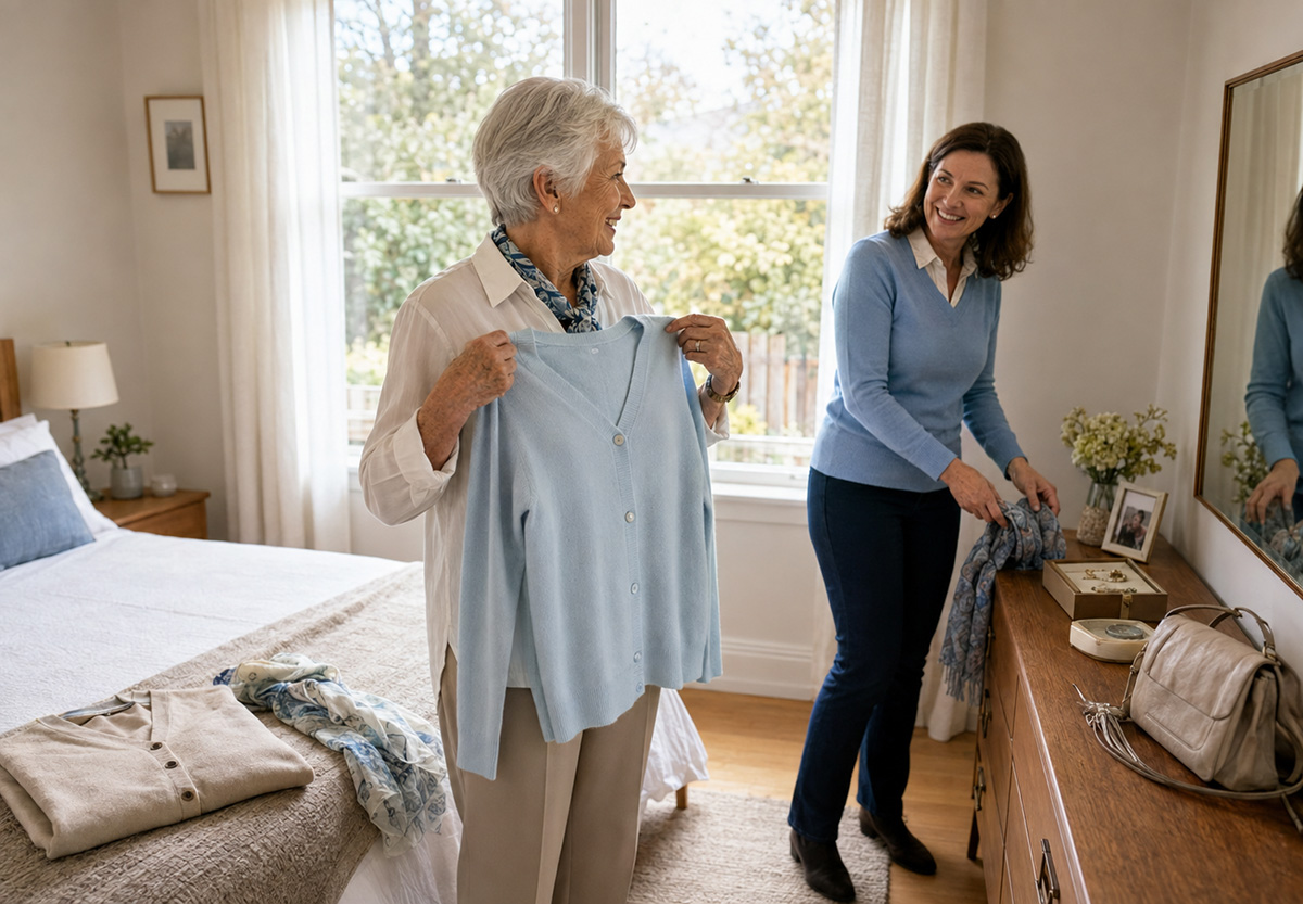 An older woman receiving respectful assistance with her morning routine at home