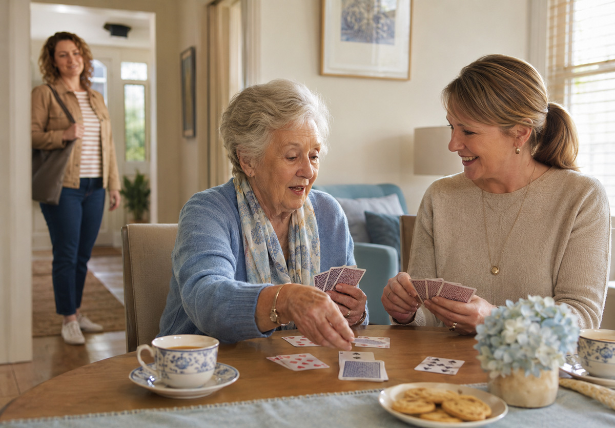 An older person enjoying a relaxed activity with a support worker during respite care